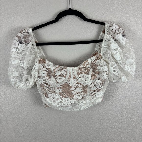 For Love And Lemons Tops - For Love & Lemons Womens Rosalie White Lace Puff Sleeve Cropped Top Size Small